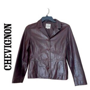 90’s CHEVIGNON COW GRAIN LEATHER BLAZER COAT TUCKER JACKET BURGUNDY SZ L GRUNGE